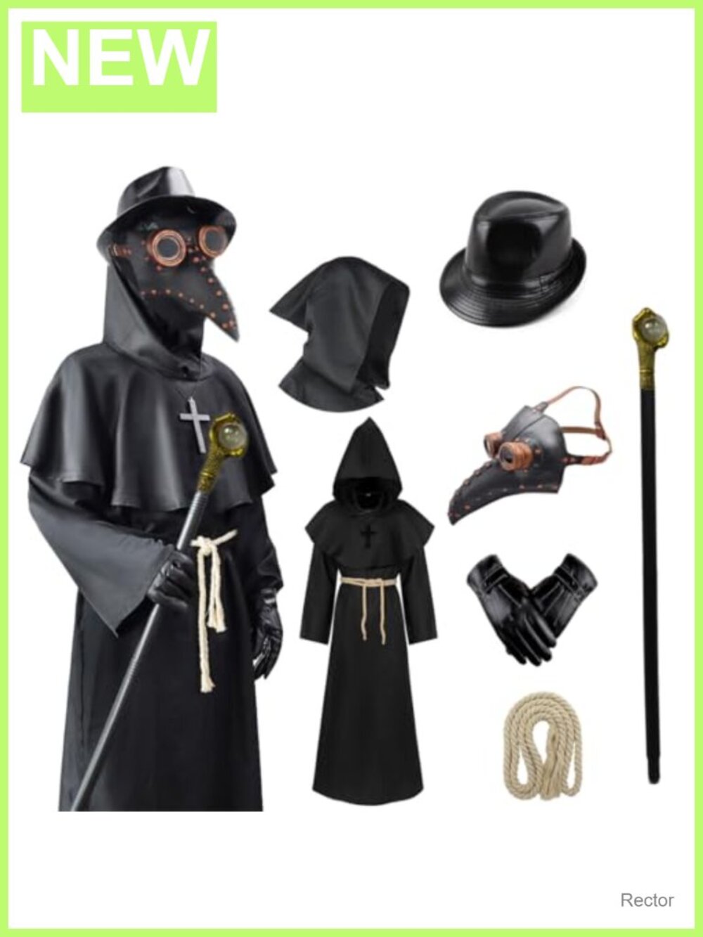 Latex Bird Beak Mask Hooded Cloak PU Leather Hat Gloves 7-Piece Costume Set